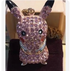 Betsey Johnson Pink Rhinestone Pokémon Pickachu Necklace18 Inch Gold chain new